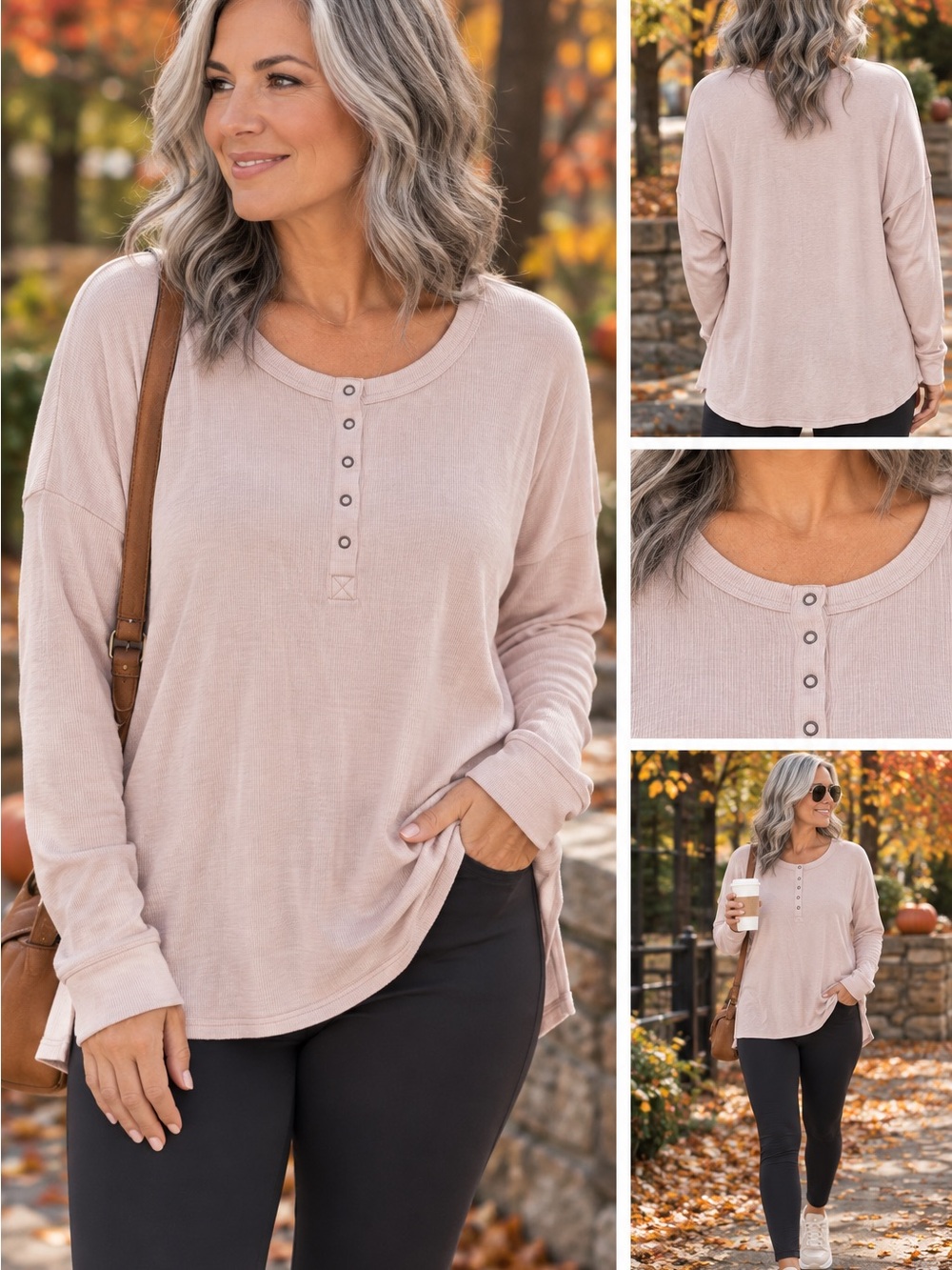 American Eagle Oversized Women's Long Sleeve Ribbed Henley Top - Light Blush
